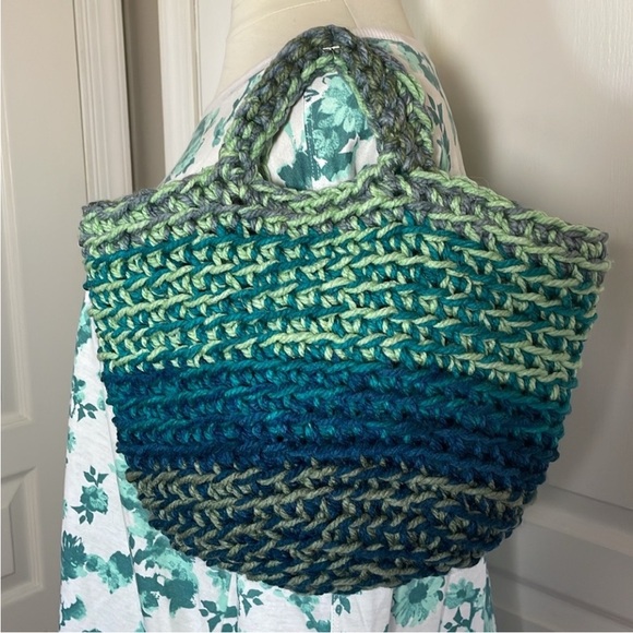 Handmade Basket Organization Green Blue Crochet Decor Hand Crafted Chunky Knit - Picture 8 of 17